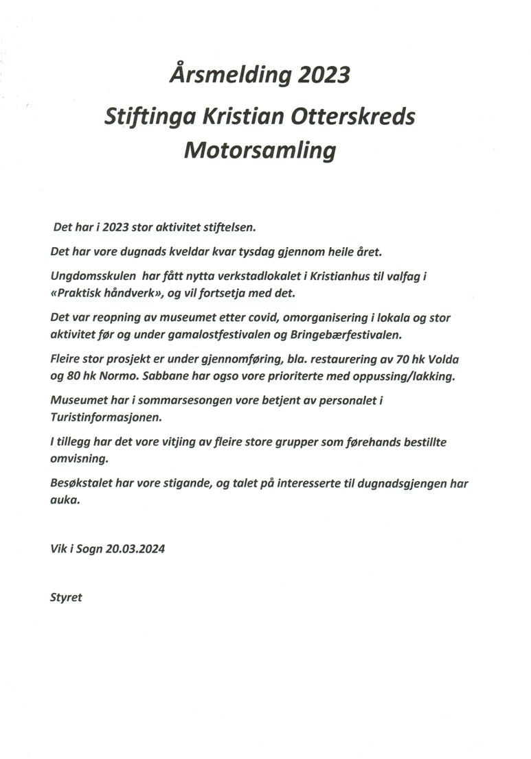 Årsmelding for Kristian Otterskreds Motorsamling